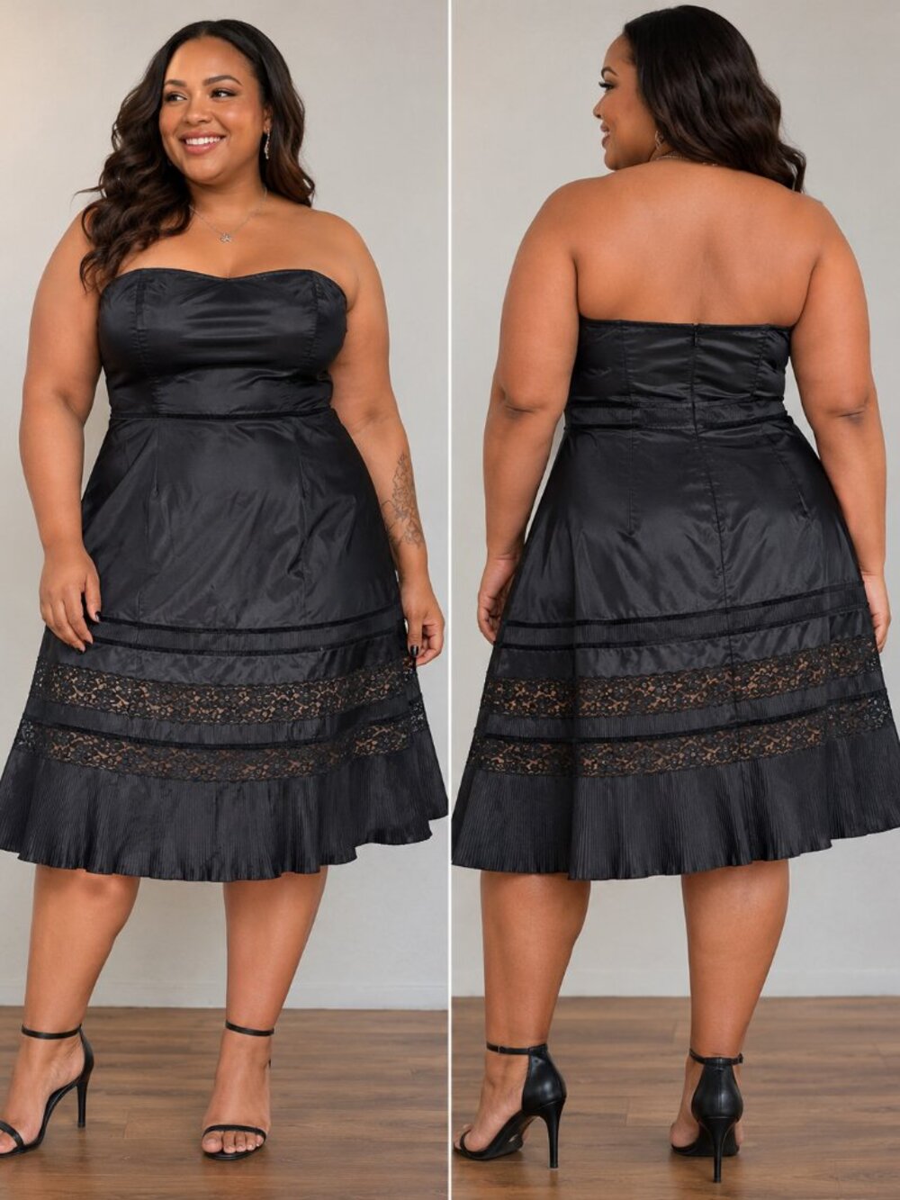 Womens Elegant Black Dress with Lace, Velvet, & Ruffle Details - Size 14
